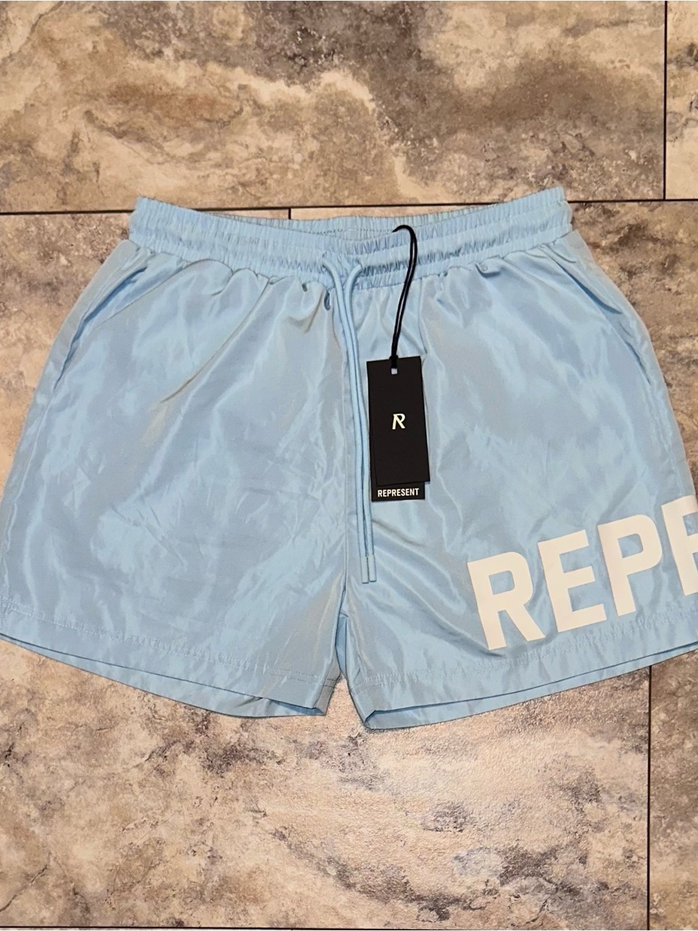 Represent Powder Blue Owners Club Big Logo Nylon Swim Shorts Size Medium